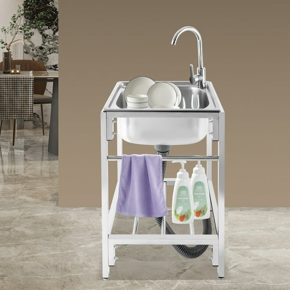 Dwellnix Freestanding Stainless Steel Sink with Faucet, Deep Basin for Washing Dishes & Cleaning, Large Capacity Sink for Home & Commercial Use