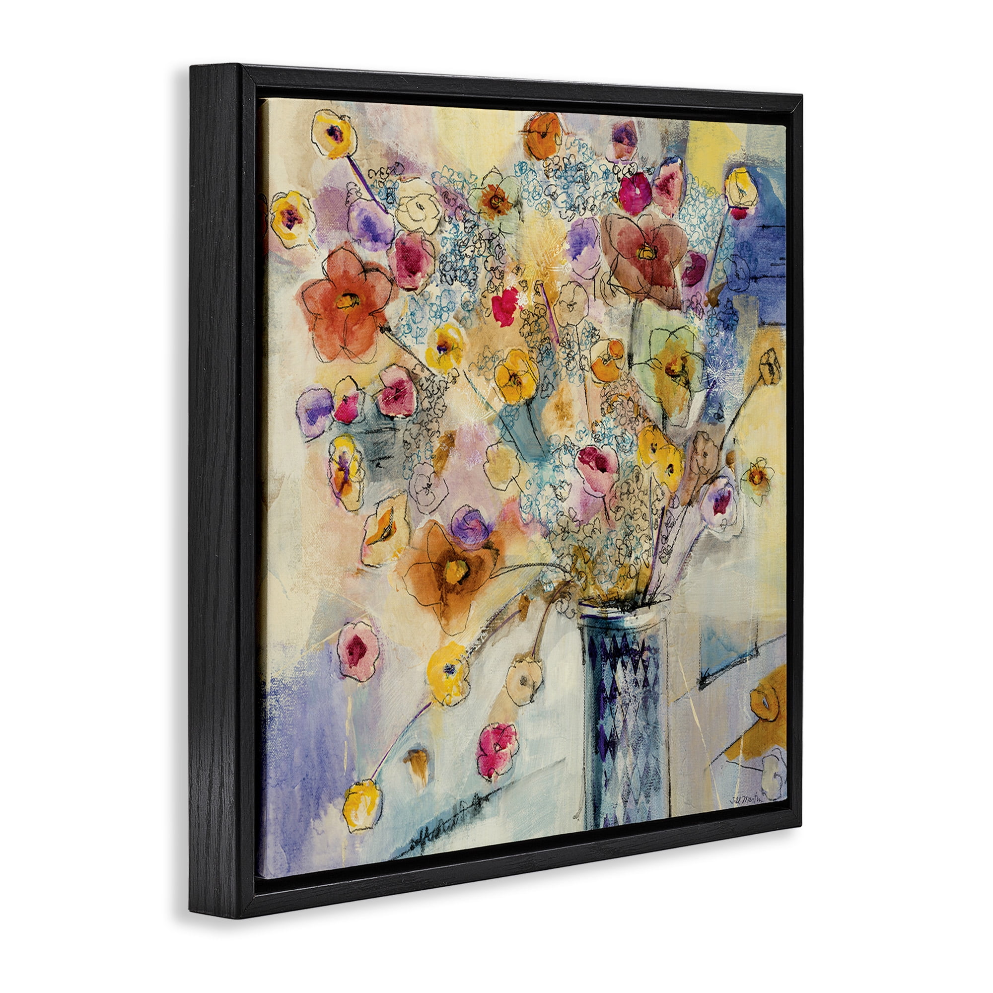 Stupell Industries Chaotic Flowers Line Drawing Abstract Painting Black Floater Framed Canvas Art Print Wall Art, 25 x 25