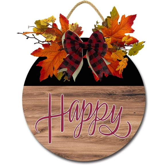 Eveokoki 12" Happy Front Door Decor for Farmhouse Porch Decorations, Rustic Door Wreaths Sign with Fall Leaves, Round Wooden Hanging Sign