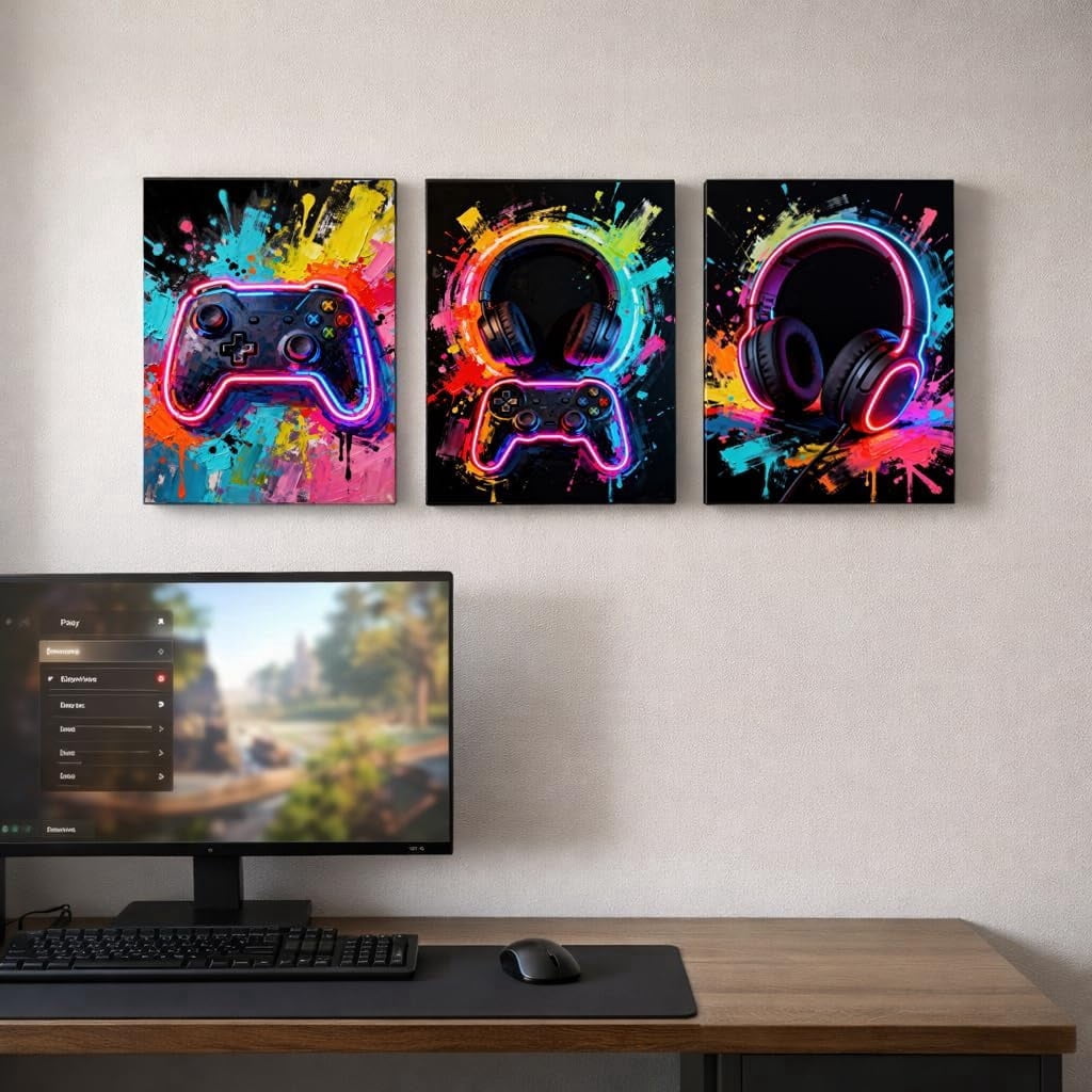 Artiluxy Neon Style Controller and Headset Prints Gaming 12x16 Painting Canvas Art Prints Set of 3