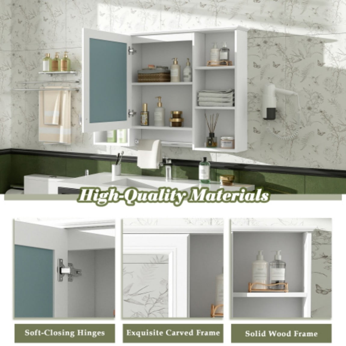 41" Bathroom Mirror Cabinet, 3-in-1 Wall Mounted Medicine Cabinet with Adjustable Shelf, Soft Close Door, High Definition Mirror & Towel Bar for Bathroom Vanity, White