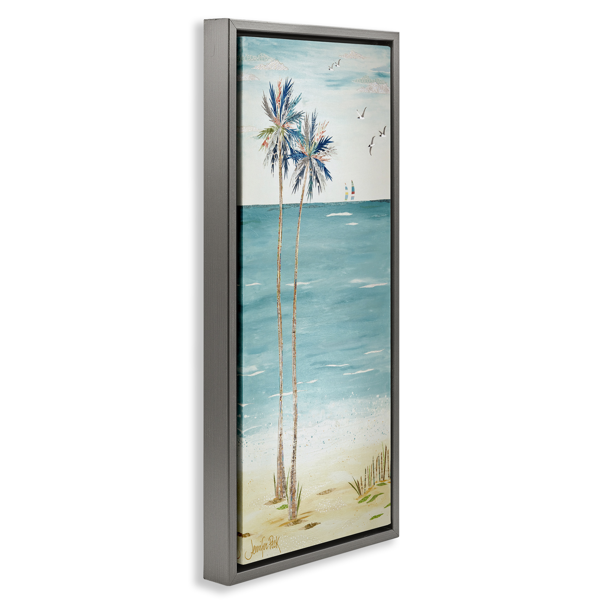 Stupell Industries Palms & Distant Boats Landscape Painting Gray Floater Framed Canvas Art Print Wall Art, 15 x 31
