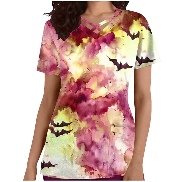 Tops Cortos para las Mujeres, Halloween Impreso en Cuello en V con Bolsillo, Moda Casual Manga Corta