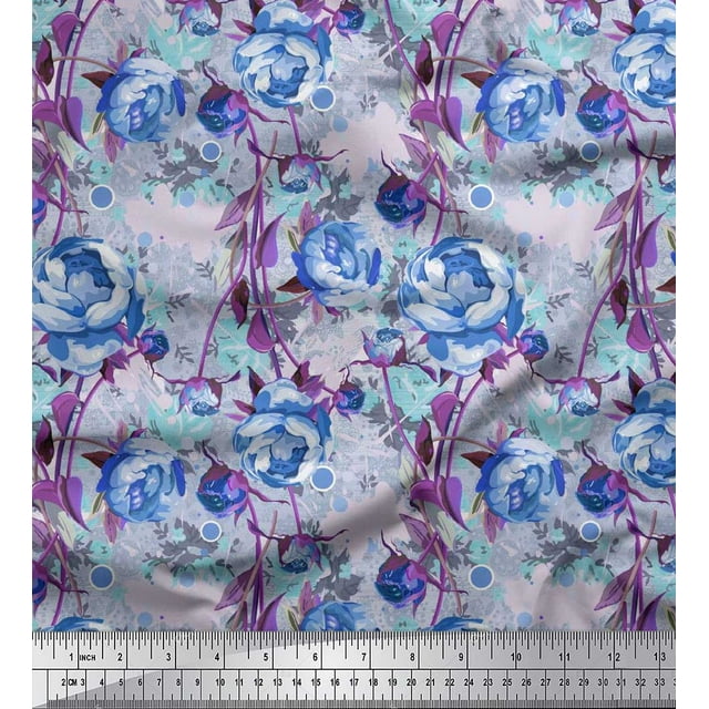 Soimoi Blue polyester Crepe Fabric Leaves & Floral Decor Fabric Printed BTY 52 Inch Wide