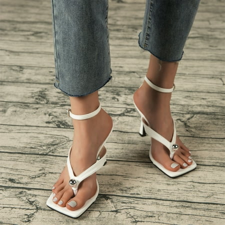 

Qiaocaity Women Shoes on Clearance Up to 20% off Women s Shoes Fashion Solid Color Minimalistic Metal Beads Clip Toe Heel Sandals Slippers Flip Flop White 40
