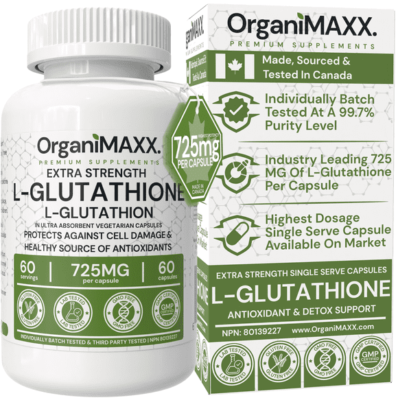 Glutathione 725mg Per Capsule OrganiMAXX L-Glutathione One A Day capsules. Glutathione Supplements for Antioxidant And Detox Support.