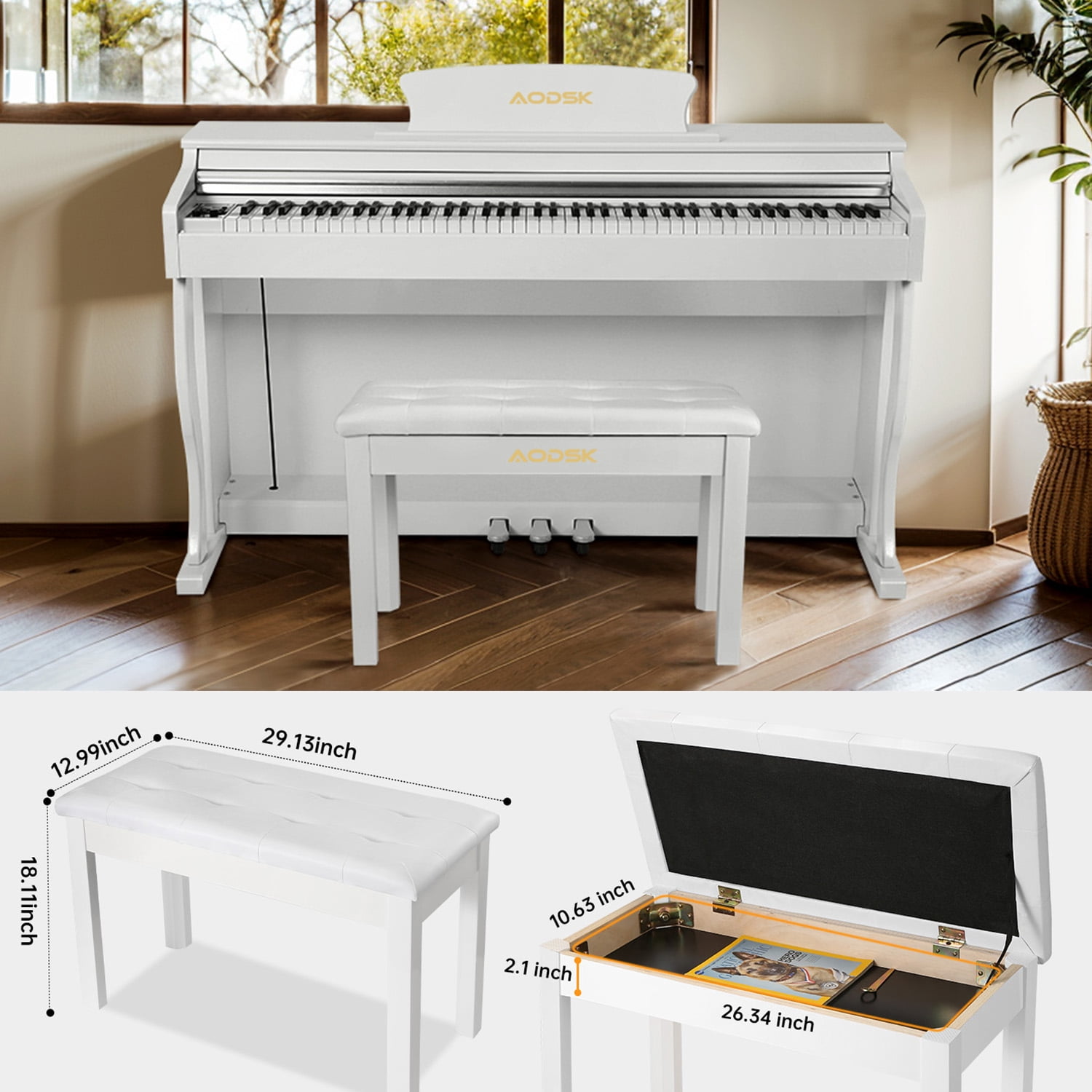 AODSK Duet Piano Bench with Storage, Padded Cushion for Piano Keyboard Seat, Soild Wood Leg Bench Stool Chair -White