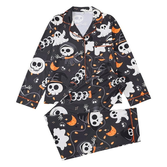 Puliio Halloween Pajamas for Women 2 Piece Pants Sets Cute Ghost Print Long Sleeve Notch Collar Top and Pants Dreamy‑Soft Nightwear Pjs set