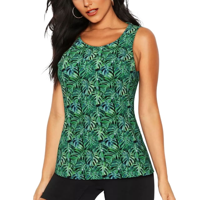 Fotbe Monstera Leaves Blusas Sin Mangas para Mujer – Estilo Casual, Corte Suelto, Slim-Fit, Cuello Redondo Deportivo, Tops de Verano para Gimnasio y Yoga-X-Large