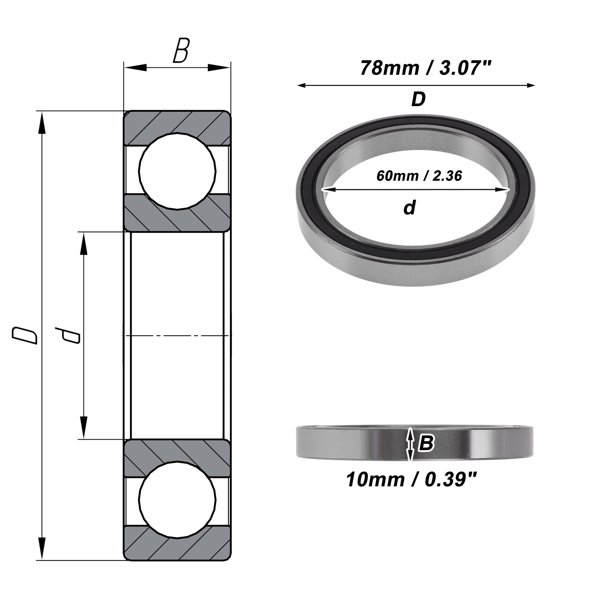 Unique Bargains 6812DD Deep Groove Ball Bearings 60x78x10mm P4 Double Rubber Seal Lubricated Bearings Car Scooter Skateboard Wheel Universal Silver Tone Black