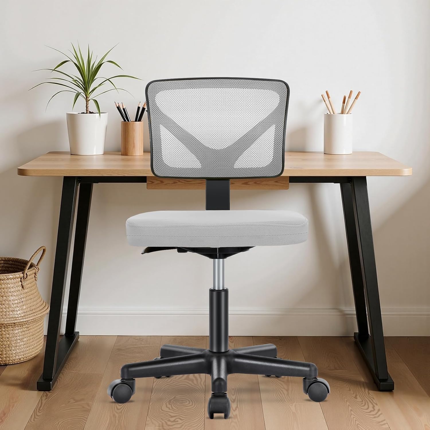 Basics Rolling Desk Chair, Adjustable, Low Back, Padded Seat, Breathable Mesh, Swivel, Gray