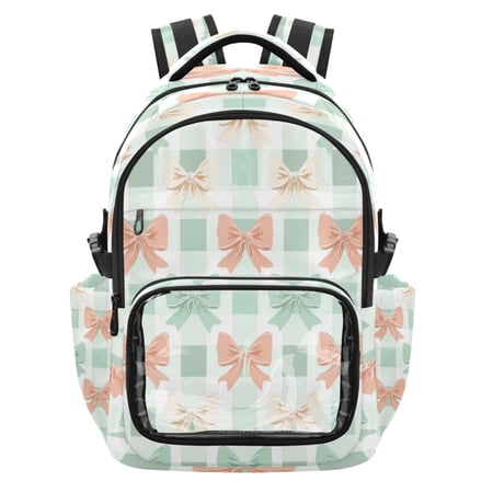 PVC Casual Backpack 25L Daypack with Laptop Compartment Lightweight Travel Backpack for Work Outdoor Activities Green and Peach Bow Pattern