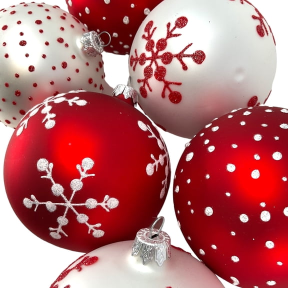 3.9 Inch White and Red Snowflake and Dot Design Glass Christmas Ball Ornaments 6 Piece Set
