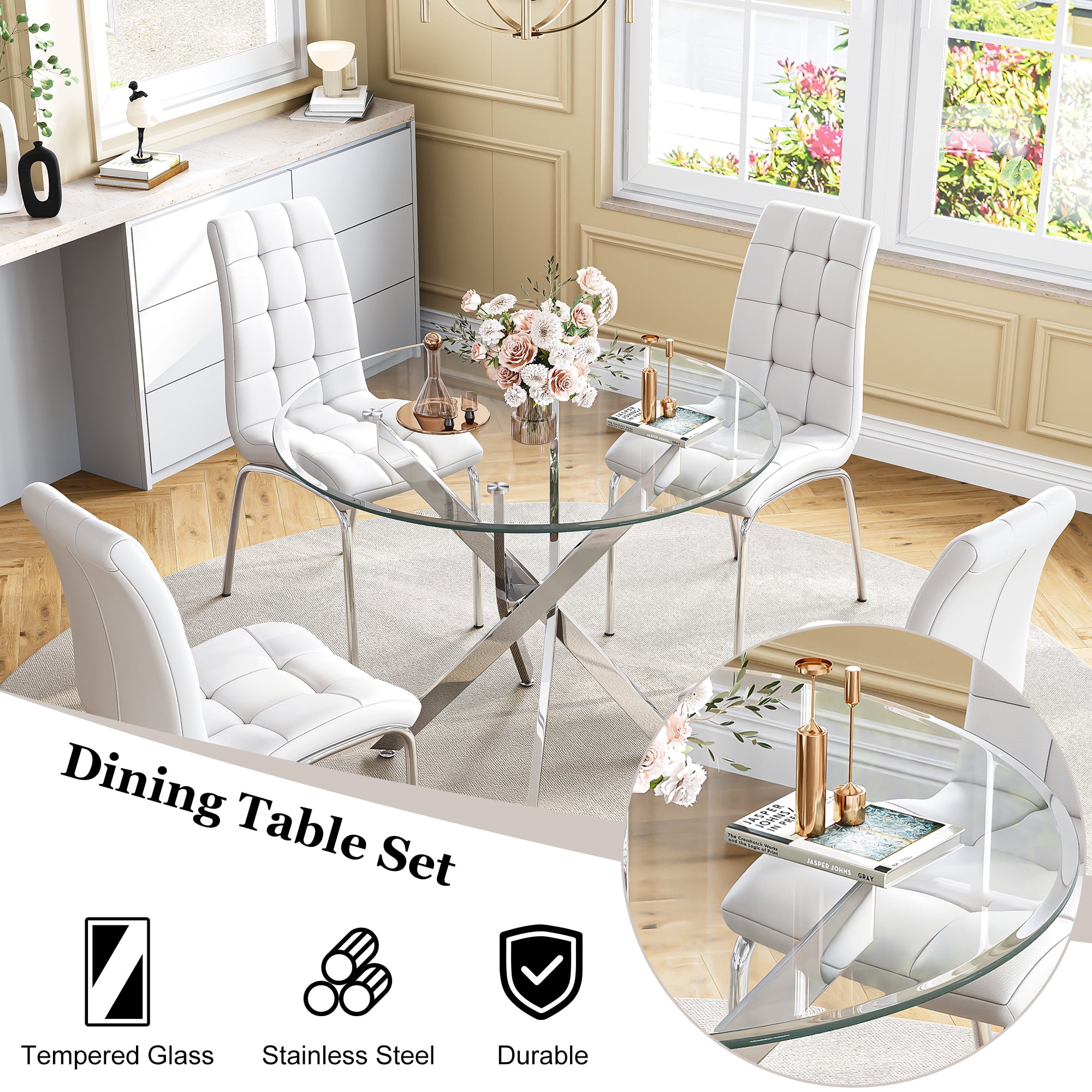 5-Piece 36" Round Glass Dining Set, Clear Tempered Glass Table & 4 PU Leather Chairs with Stainless Steel Legs for Kitchen, Meeting Room