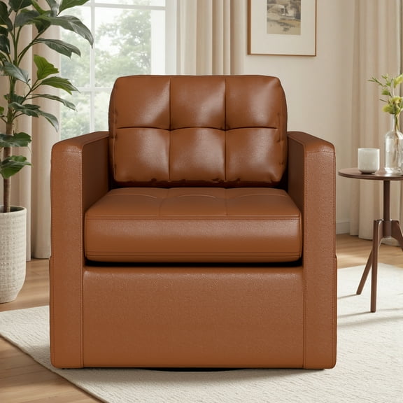 COOLHUT Swivel Accent Chair for Living Room, Modern Faux Leather Armchair with Throw Pillow, Square Upholstered Swivel Armchair with Sturdy Frame, Brown