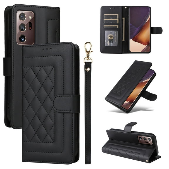 Wallet Case for Samsung Galaxy Note 20, Vintage Wrist Strap Kickstand Credit Card Slots Magnetic Closure PU Leather Shockproof Drop Protective TPU Shell for Samsung Galaxy Note 20, Black