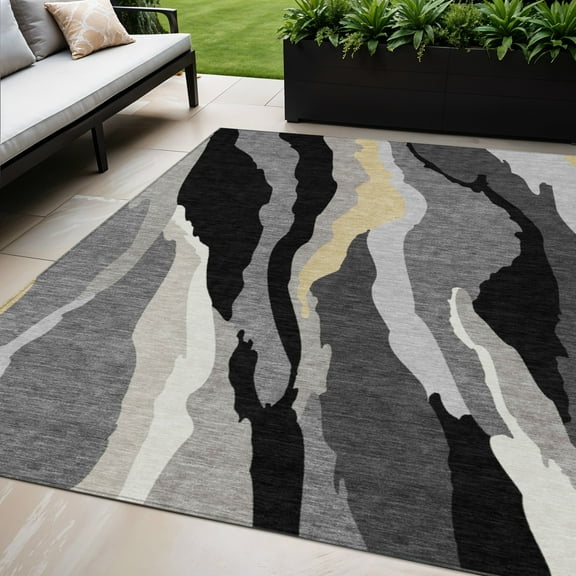 5' X 8' Black Gray And Tan Abstract Washable Indoor Outdoor Area Rug