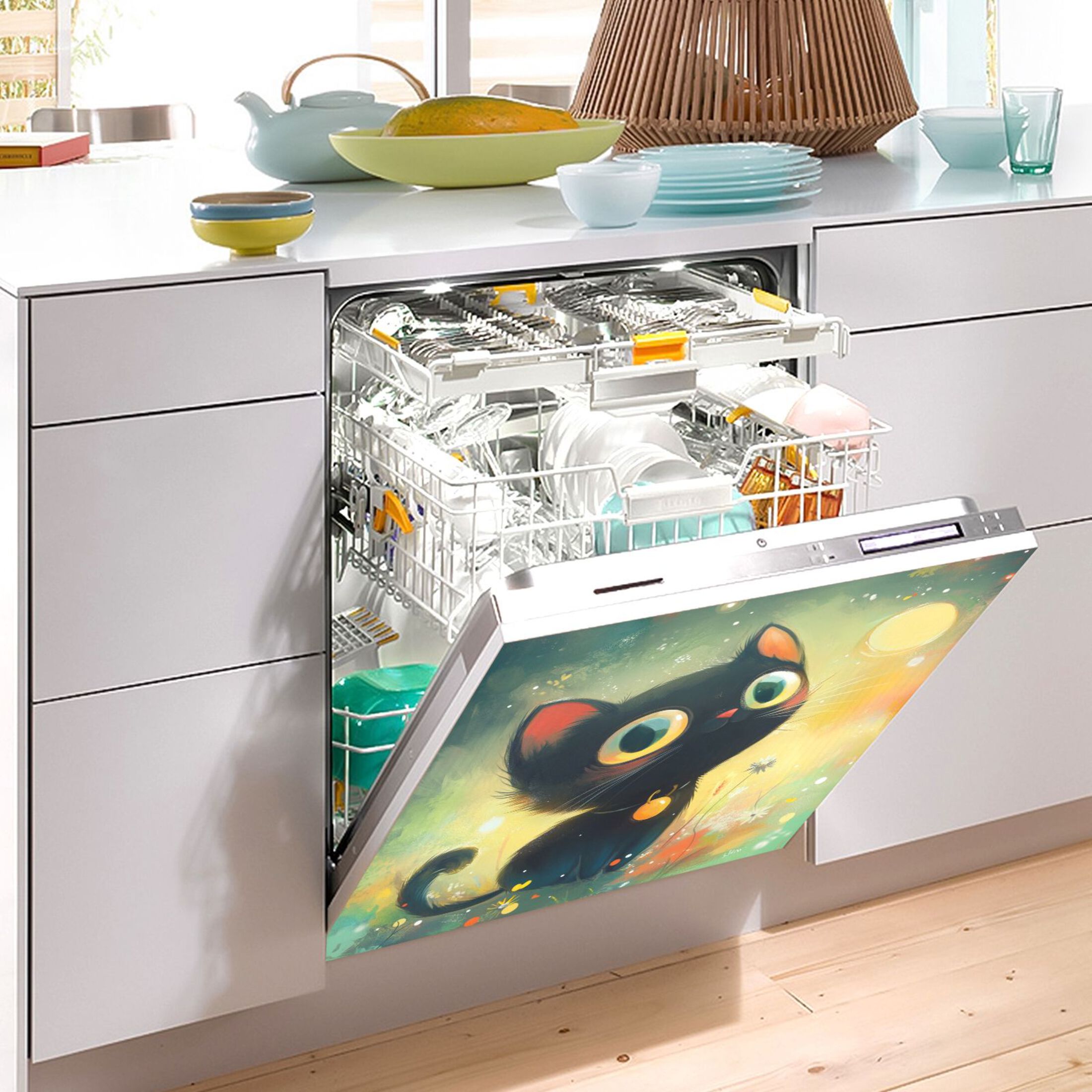 Dishwasher Magnetic Sticker 23x26 Inch Refrigerator Magnetic Sticker Washing Machine Magnetic Sticker Kitchen Panel Magnetic Sticker Home Decor Adorable Black Cat