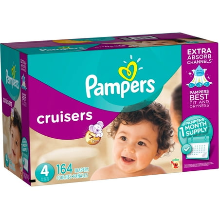 Post navigation Pampers Cruisers Diapers:Extra Absorb Channels help distribute wetness evenlyDon't sag like ordinary diapers (based on size 4 vs. a leading value brand)Pampers best fit and dryness; Up to 12 hours of protectionOur unique 3-way fit adapts at the waist, legs, and bottom so babies have the freedom.