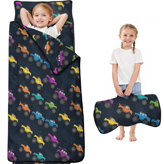 Monster Cartoon Truck Blue Pattern Teens Toddler Nap Mat with Pillow, Sleeping Mat Bag for Preschool Daycare 59"x22"