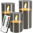 thumbnail image 1 of Juego de velas sin llama de cristal gris, 3 piezas (D: 3"XH: Vela parpadeante con pilas de 4 pulgadas/5 pulgadas/6 pulgadas, vela de columna LED de cera real, con temporizador de control remoto de 10 teclas, para decoración de fiestas y días festivos. Rojo Verde, 1 of 5