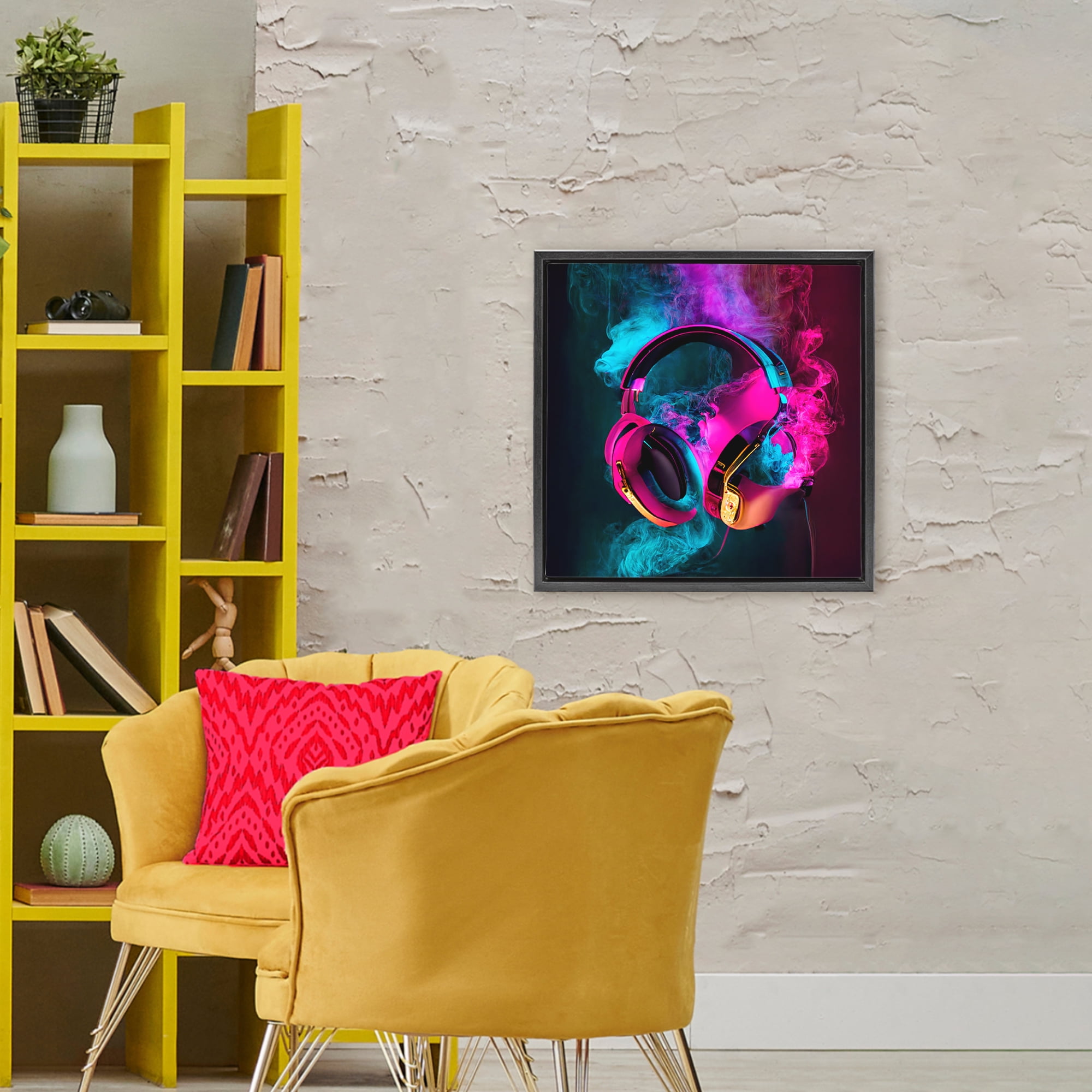 Power Play Pink & Blue Headphones Black Framed Floater Canvas Wall Art, design by Sasha