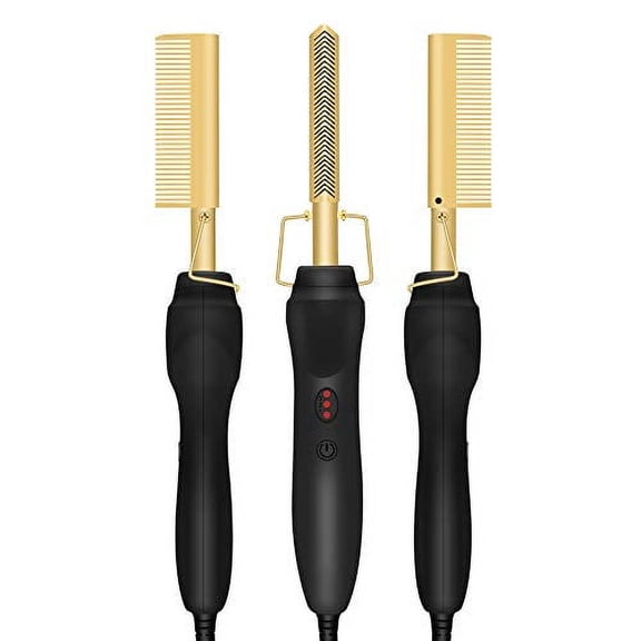 Gold Plated Heated Styling Comb Electric Hot Straightening Heat Comb Ceramic Curling Flat Iron Curler Designed Hair Straightener for Natural Black Hair,Wigs