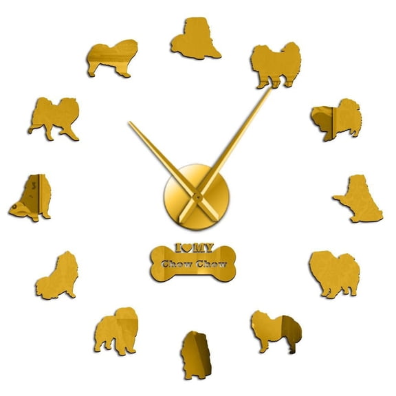 Chow Chow Dog Mirror Stickers Home Decor Large Wall Clock Dog Breed DIY Wall Art Frameless Giant Wall Clocks(Gold,27inch)