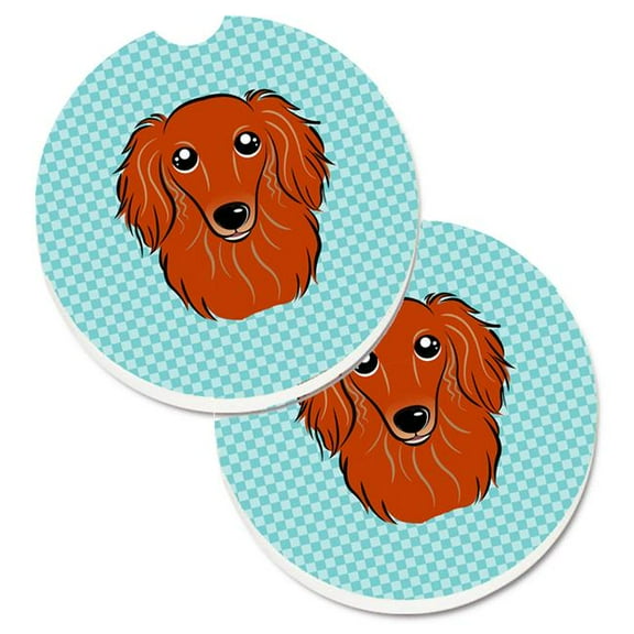 Checkerboard Blue Longhair Red Dachshund Set of 2 Cup Holder Car Coaster