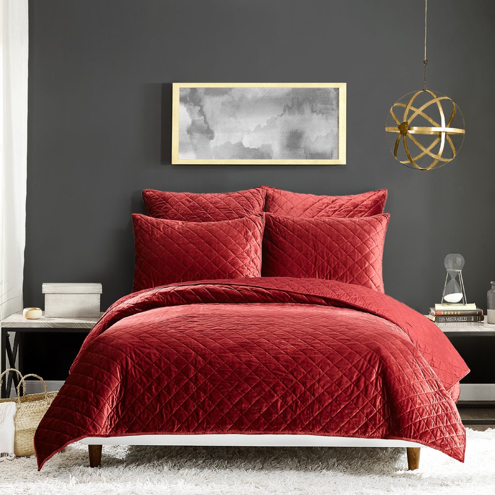 Modern Heirloom Poly Velvet Quilt King Red