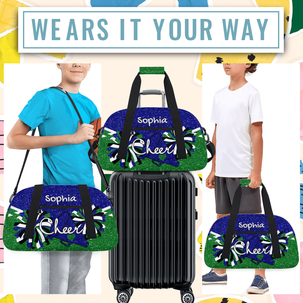 Jiaoprinted Personalized Sport Duffel Bag, Custom Cheer Dance Bag with Name, Customized Sport Gym Bag for Cheerleaders, Travel Duffle Bag for Women, Blue Green Glitter
