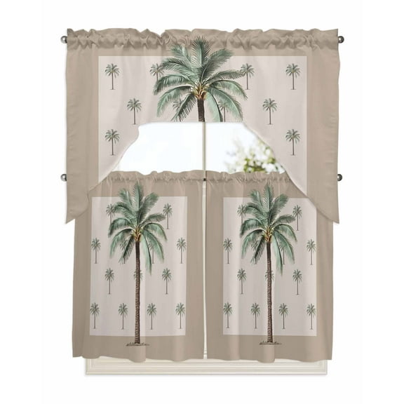 Summer Palm Tree Kitchen Curtains Swag Valance and Tier Curtains Set 36 Inch Length, Farmhouse Green Tropical Plants Rod Pocket Drape Panels Pair Swag Curtains for Bathroom/Cafe/Window