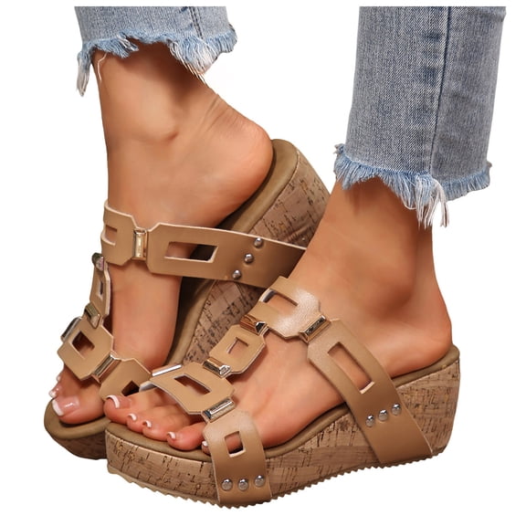 Rokment Women's Cork Footbed Platform Slides Sandals Stylish Casual Leather Cut out Chunky Wedge High Heels Backless Slip on Dress Slippers for Ladies Summer Khaki Size 6