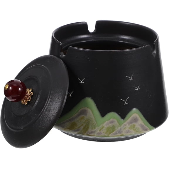 Ceramic Ashtray with Lid Windproof Smokeless Ash Tray for Home Office Outdoor Use