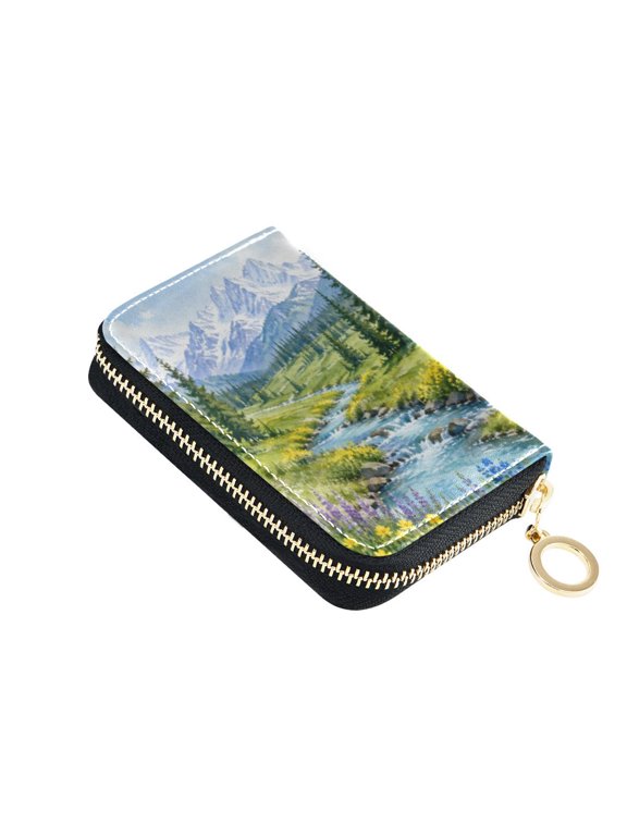 PU Leather Card Holder Wallet RFID Blocking Zipper Card Purse Mountain Stream Landscape
