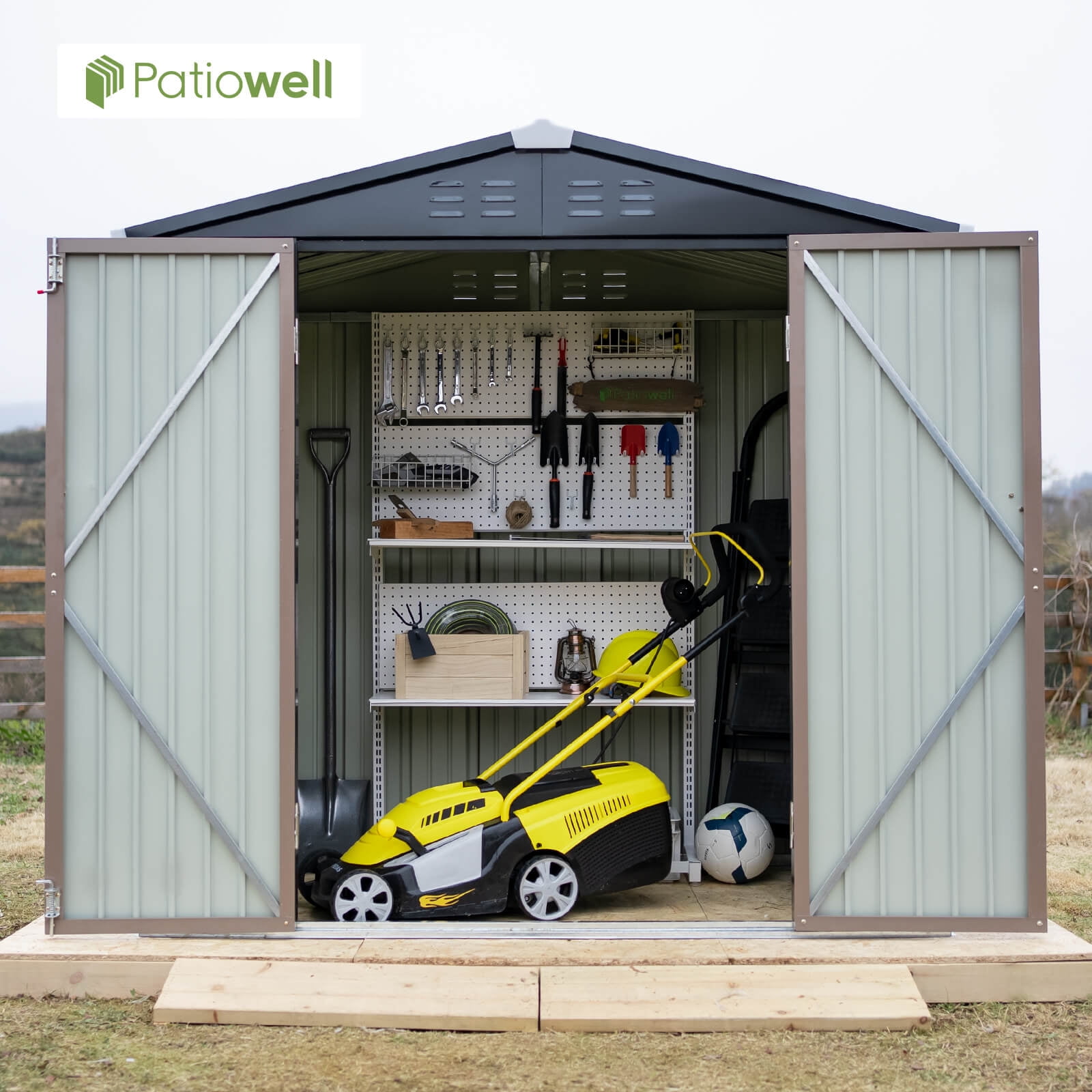 Patiowell 6' x 4' Outdoor Storage Shed Metal Shed with Sloping Roof and Lockable Door, Brown
