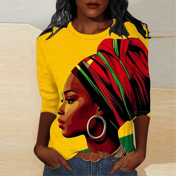 Black History Month African American Pattern T-Shirt for Women Pride Celebration Shirt Blouse 3/4 Sleeve Crewneck Tshirt Tops