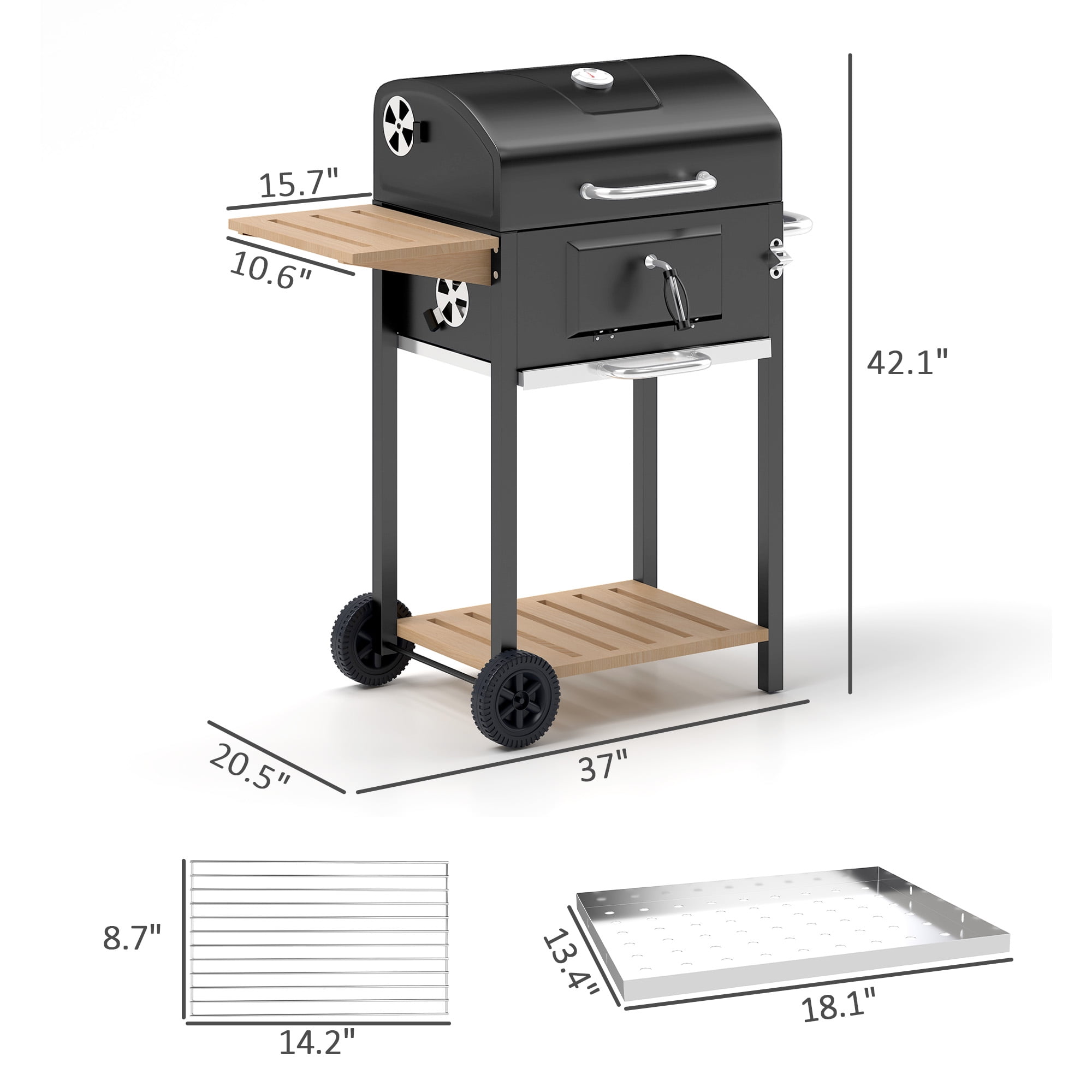 Outsunny Charcoal BBQ Grill, Portable Barbecue Grill for Camping or Backyard Picnic with Side Table, Bottom Storage Shelf, Wheels and Handle, Black