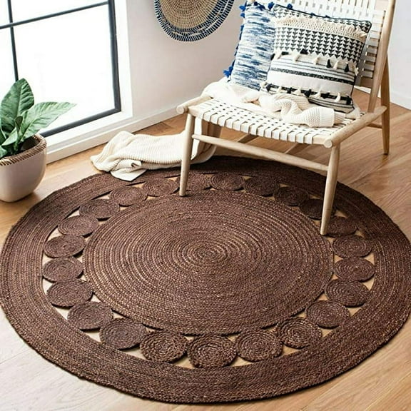 Ripaz Vogue Jute Rug Round Hand Woven Brown Circle Design Area Rug (2x2 Ft)