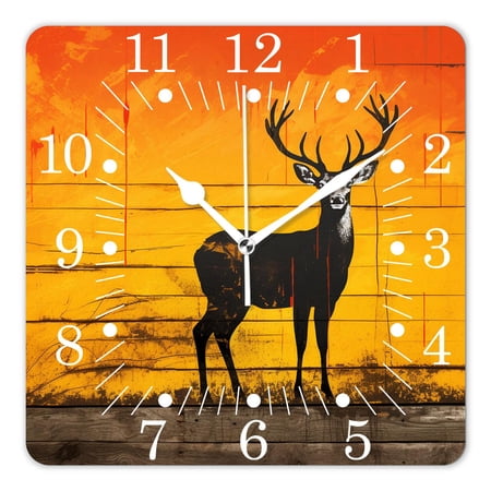 10 Inch Wall Clock Battery Operated Square Clock for Office, Kitchen, Outdoor, Living Room,Deer Animal In Sunset Forest Woodland on Wooden Multicolor