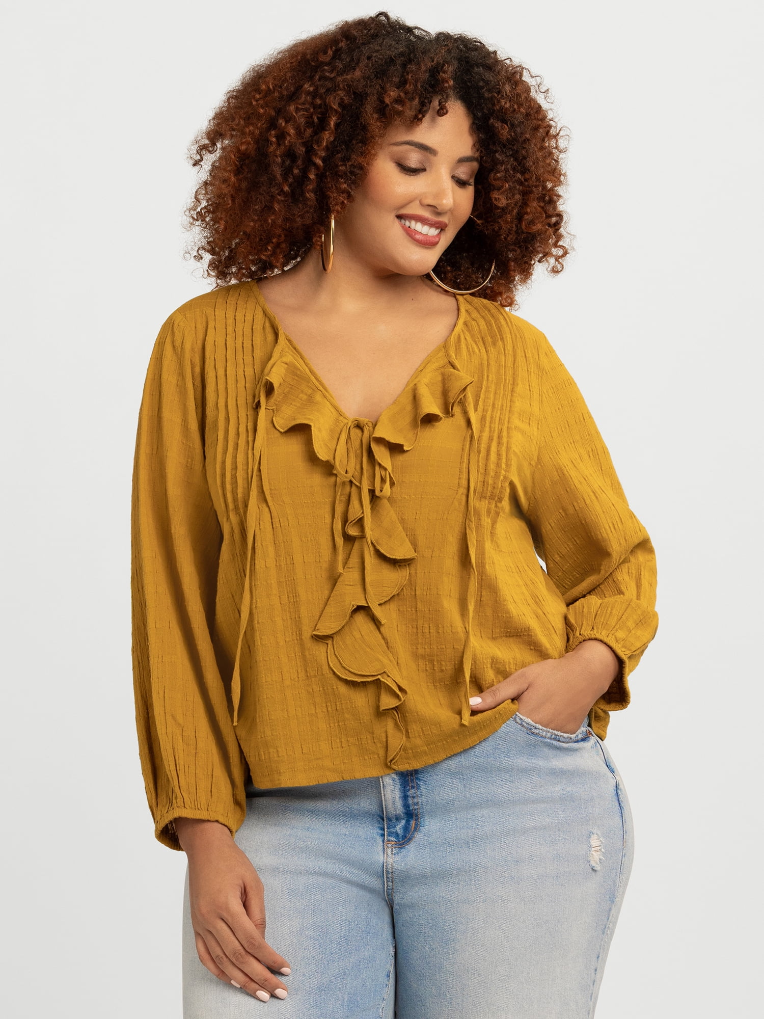 Jessica Simpson Women's Plus Hilaria Cotton Ruffle Top with Long Sleeves, Sizes 0X-4X