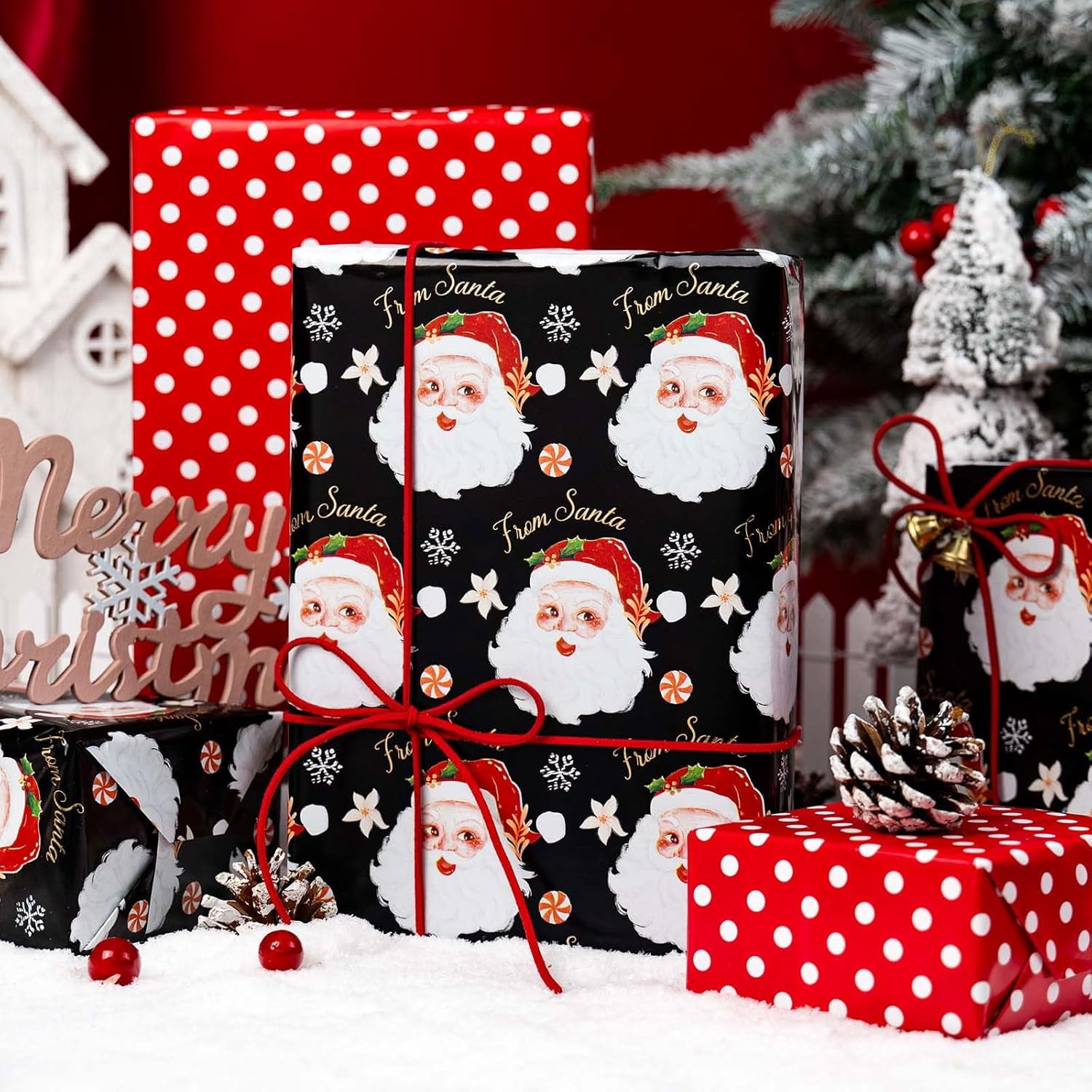 Christmas Wrapping Paper, Reversible Black Santa, Red Dot Design Gift Wrapping Paper Suitable for Christmas, Mini Roll (17 Inch X 32.8 Feet)