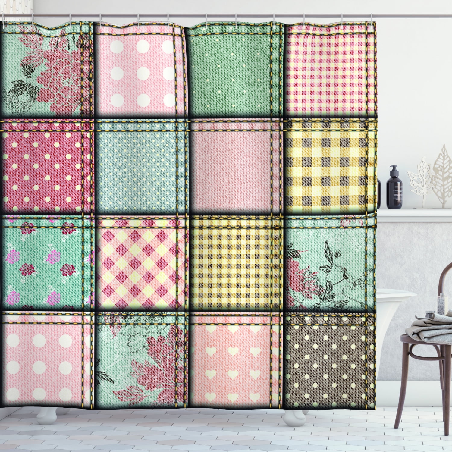 Shabby Chic Shower Curtain, Patchwork Denim Seem Fabric Pieces with