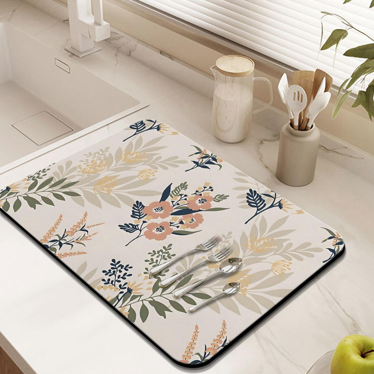 Coffee Bar Mat Accessories for Countertop Super Absorbent Anti-Slip Silicone Flower Dish Drying Mats for Kitchen Counter Draining Pad Decor Gift Fit Coffee Maker Coffee Pot Espresso Machine 24inx18in