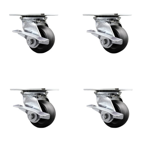 4 Inch Glass Filled Nylon Caster Set with Roller Bearing 4 Brake 2 Swivel Lock