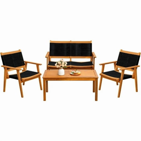 Devoko Outdoor Patio Conversation Sets, 4PCS Hand-Woven Rope Acacia Wood Furniture Sets for Balcony, Backyard, Garden, Poolside, Black