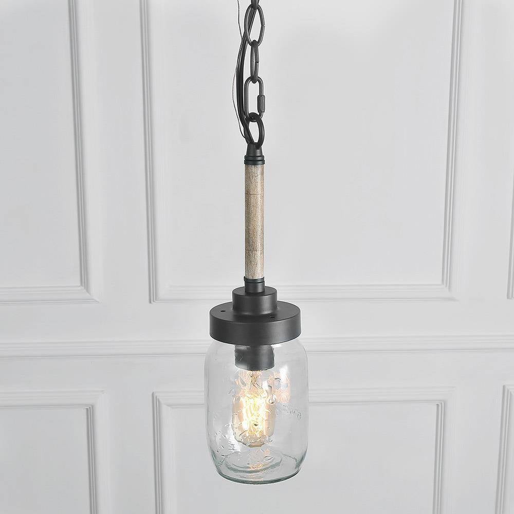 LNC Dark Gray Wood Grain Mini Pendant with Clear Glass Jar, LED Kitchen Island Light