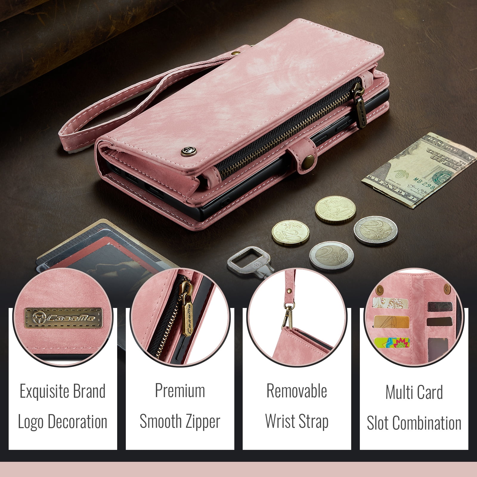 Dteck 2 in 1 Detachable for Samsung Galaxy A16 5G Wallet Case with Card Holder, Shockproof Retro Premium Flip Leather Cover Magnetic Zipper Pocket Phone Cases, Pink