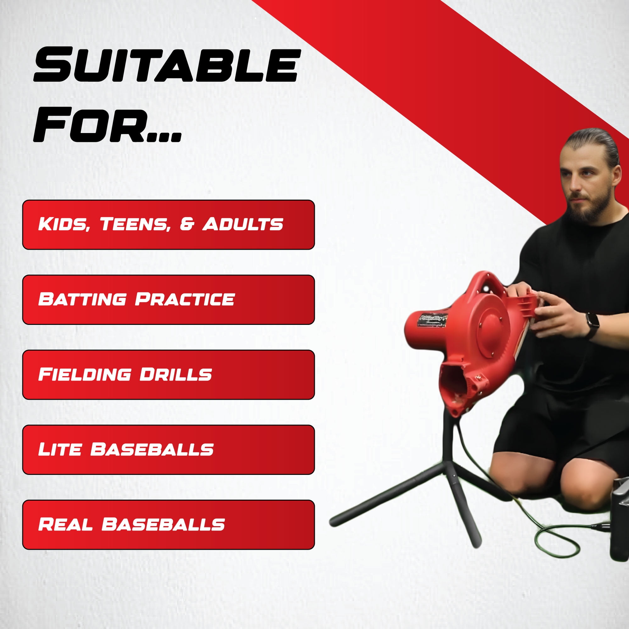 Heater Power Alley Pro Real Baseball Machine - Adjustable Design, Pitches Real Baseballs Up to 45 MPH, Accurate and Portable Training Tool for Batting, Pitching, and Field Practice