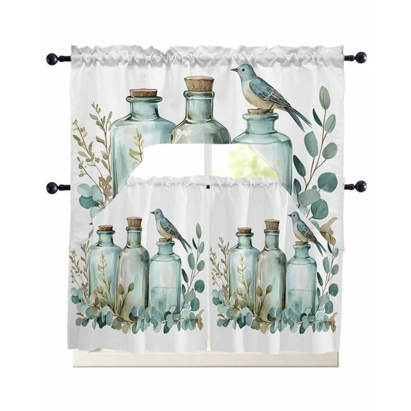 Green Eucalyptus Leaves Kitchen Curtains Swag Valance and Tier Curtains Set 36 Inch Length, Spring Botanical Vase Birds Rod Pocket Drape Panels Pair Swag Curtain for Bathroom/Cafe/Window